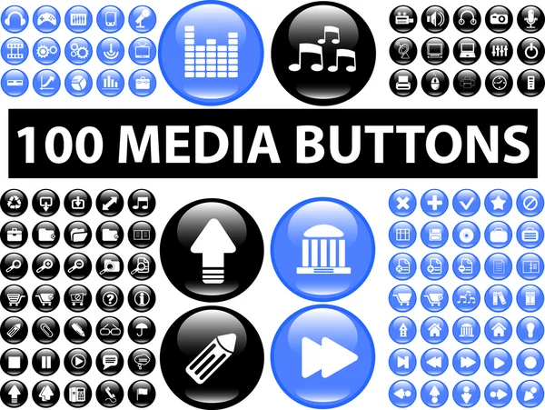 Boutons 100 médias bleus et noirs. vecteur — Image vectorielle