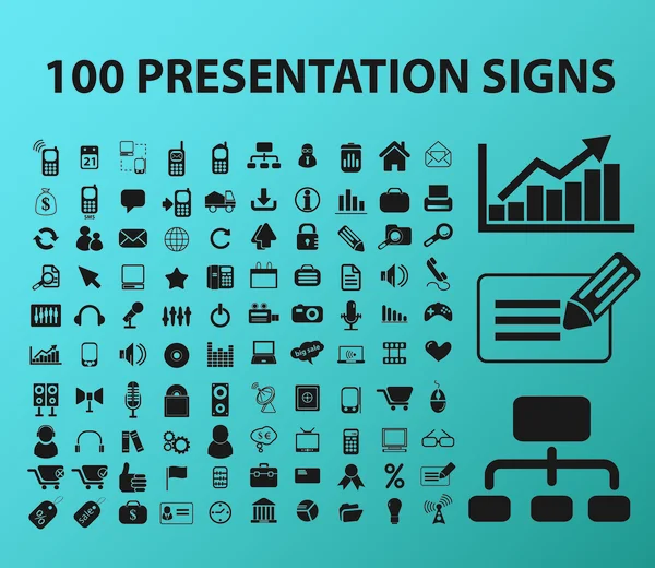 100 iconos de presentación, signos, ilustración vectorial — Vector de stock