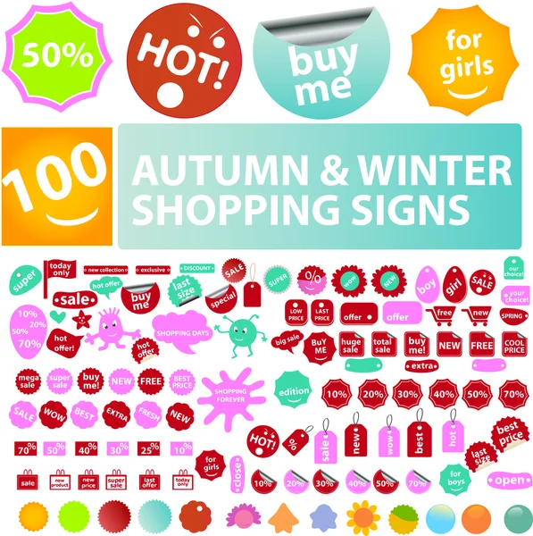 Autumn & winter sales tags, stickers, labels, signs set, vector — Stock Vector