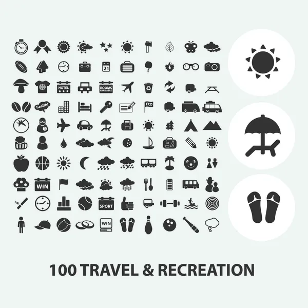 100 Reisen, Tourismus, Urlaubs-Symbole gesetzt, Vektor — Stockvektor