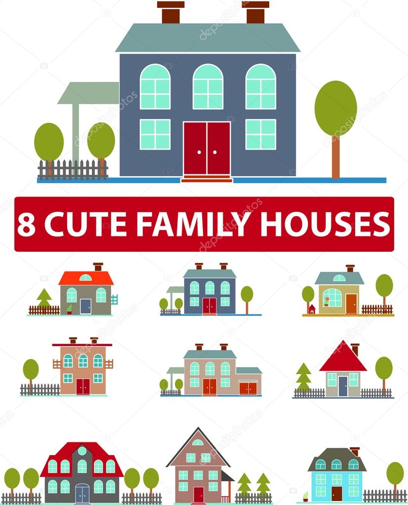 8 cute family houses, icons, signs, vector illustrations