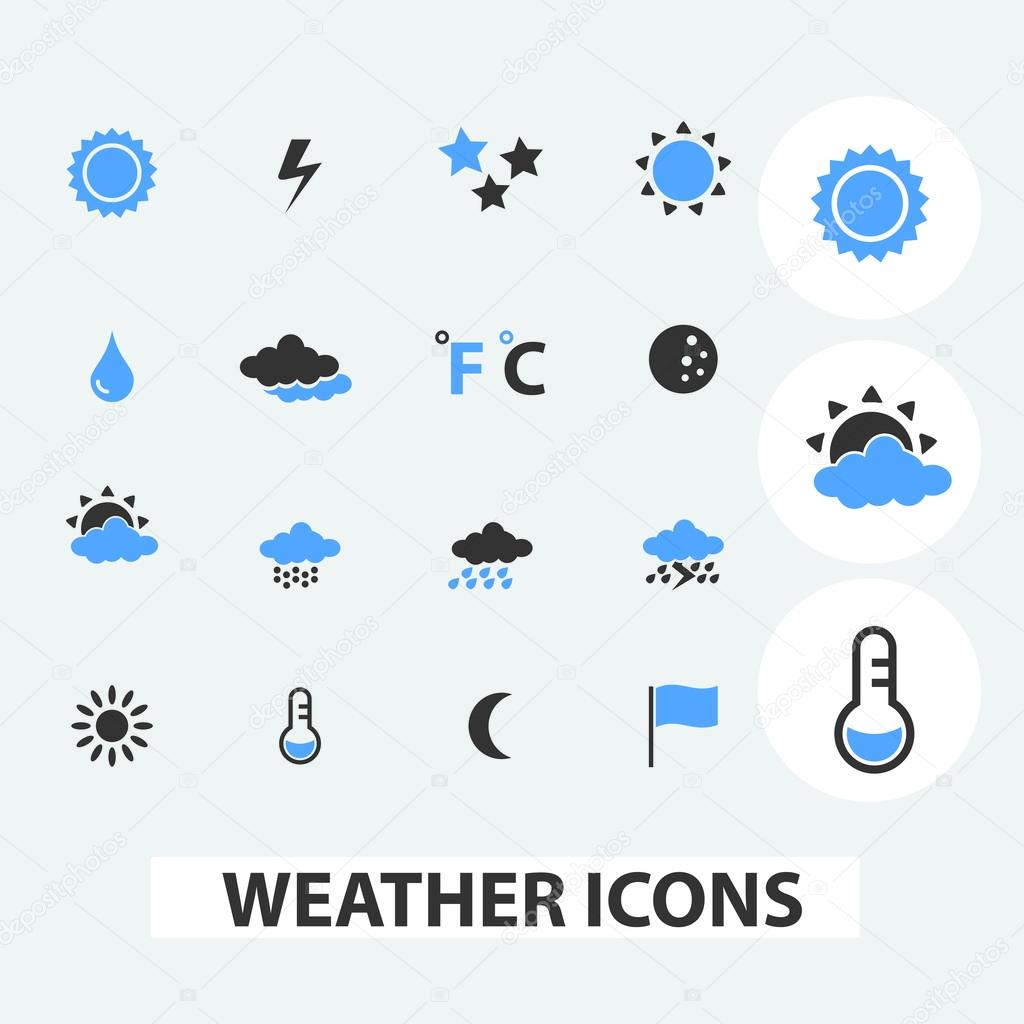 Weather, climate, sky icons, signs set, vector