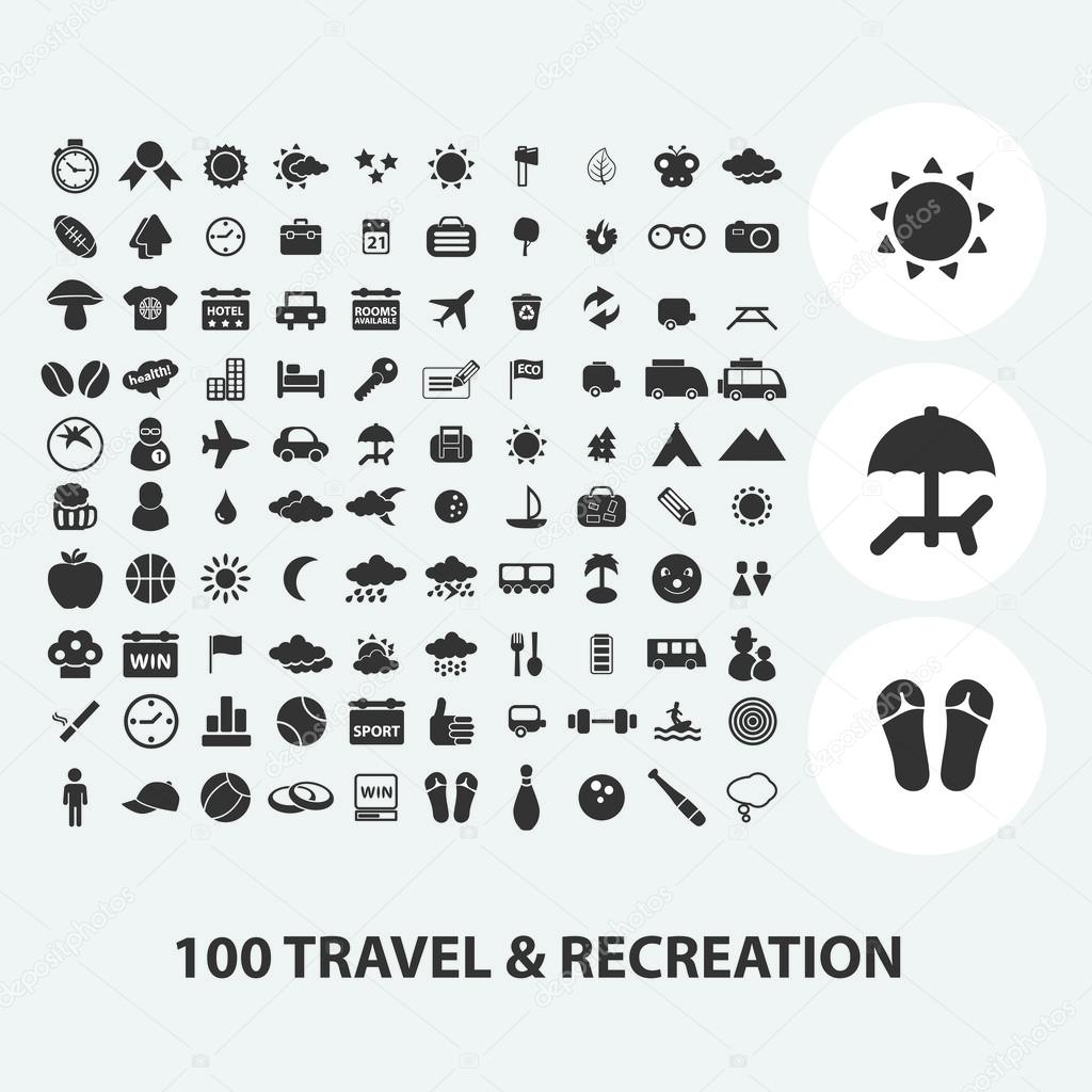 100 travel, tourism, vacation icons set, vector