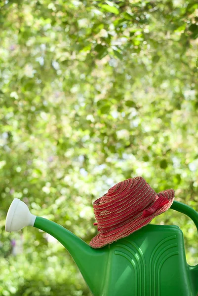 Ведро для полива сада и шляпа — стоковое фото
