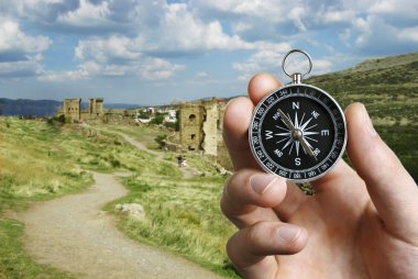 Man using a compass while sightseeing abroad clipart