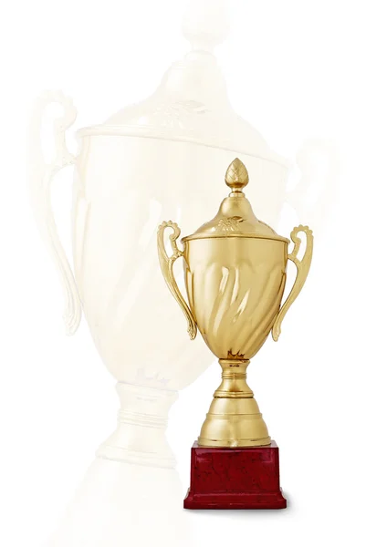 Golden trophy cup on red base on white background — Stock Photo, Image