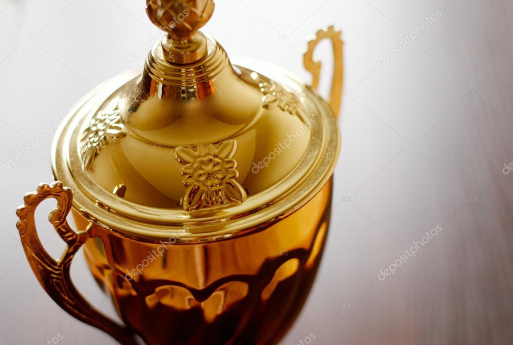 Ornamental detail on a gold trophy lid