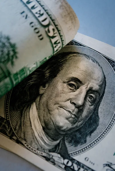 Detail of Benjamin Franklin on 100 dollar bill — Stock Photo, Image