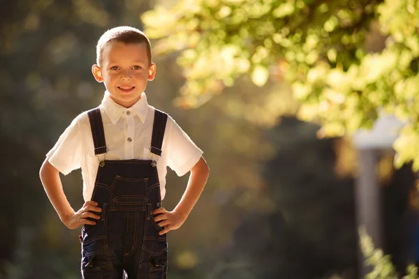 Niedlich lächelnder kleiner Junge im Gegenlicht der Sonne — Stockfoto