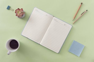 İş yeri ya da ofis dairesi, yeşil üzerine açık günlükle, bir kupa koyu kahve, çiçek, kalem, ataç ve ataçla çevrili, durgun bir hayat sürüyordu.