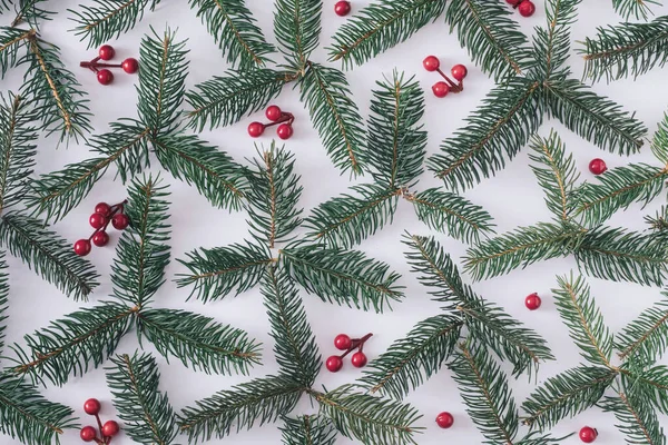 Christmas Holiday Background Pine Branches Red Berries Arranged Decorative Flat — Stock Photo, Image