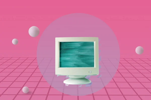 Glitch Retro Computer Screen Collage Vaporwave Pacific Pink Background Minimal — Stock Photo, Image