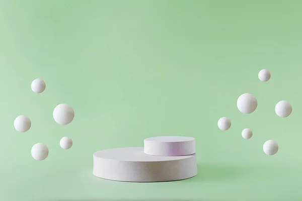 Podium Stand Pedestal Disc Geometric Platform Mock White Flying Balls — Fotografia de Stock