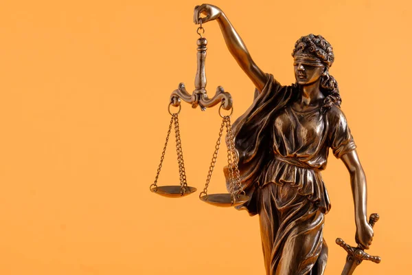 Brass Figure Justice Holding Scale Bright Orange Background Copy Space — Stok Foto