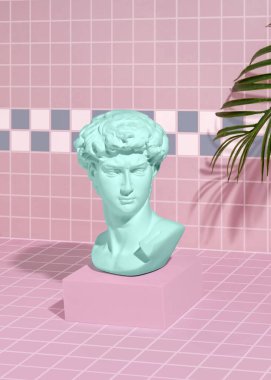 Michelangelo 'nun David heykeli buhar dalgası ve siber punk içinde podyumda. Minimum sürreal antika pop kültürü gelecekteki dijital teknoloji konsepti.