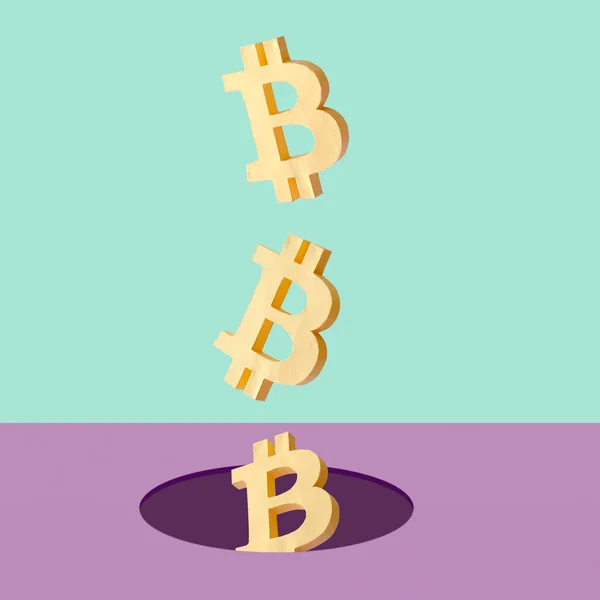 Bitcoin Levitatie Vallen Een Gat Als Een Minimale Creatieve Concept — Stockfoto