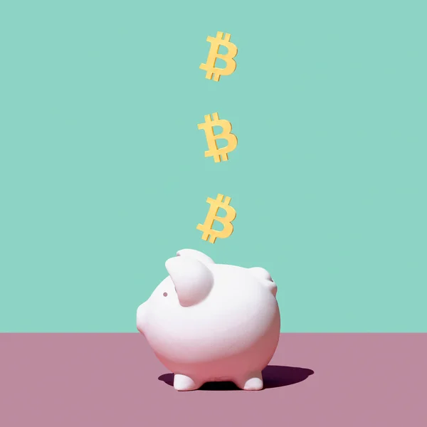 Bitcoin Digitale Virtuele Mijnbouw Geld Vallen Spaarpot Minimaal Creatief Concept — Stockfoto