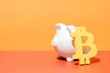 Bitcoin digital virtual mining money economy and piggy bank. Minimal creative concept of crypto business success in crisis and financial risk investment.