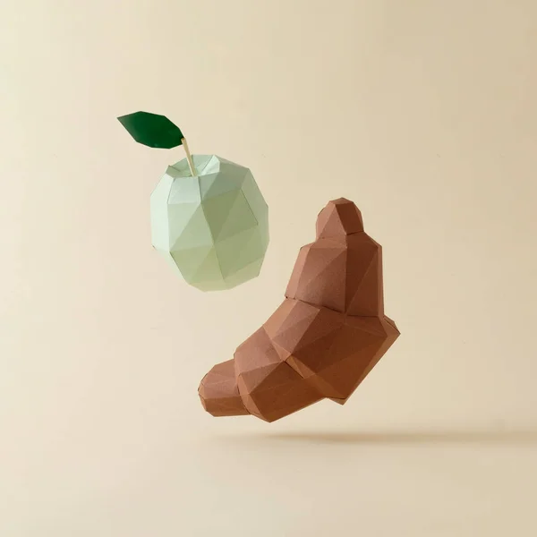 Chocolate Polygon Croissant Green Apple Levitation Beige Background Minimal Creative — Stockfoto