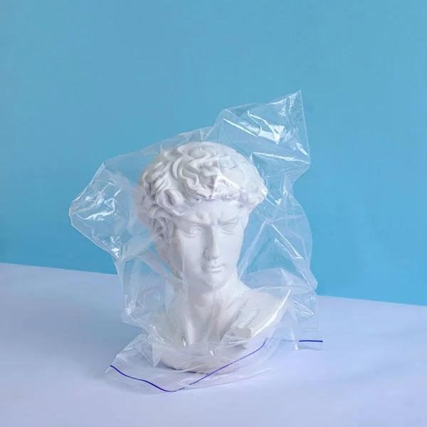 Head Antique David Statue Plastic Bag Pastel Background Concept Isolation — 图库照片