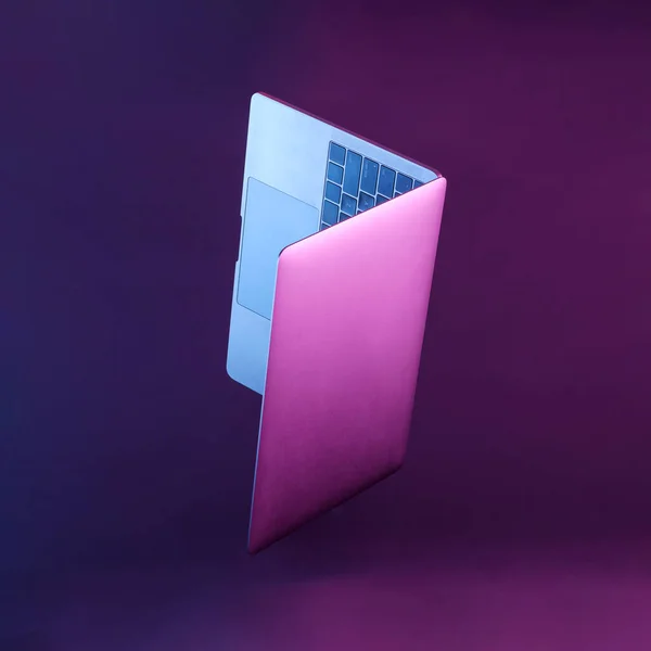 Laptop Computer Levitation Neon Background Minimal Creative Concept Technology Internet — Stockfoto
