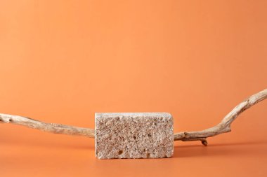 Modern organic podium pedestal with dry branch clean mocap earth color and dry branch. The concept of minimal new naturalism.