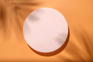 Mockup new naturalism with a podium pedestal on a summer sunny day and shadows from a palm tree on a pastel earthy orange background.