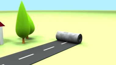 ilkel karikatür evleri ve yol. 3D animasyon