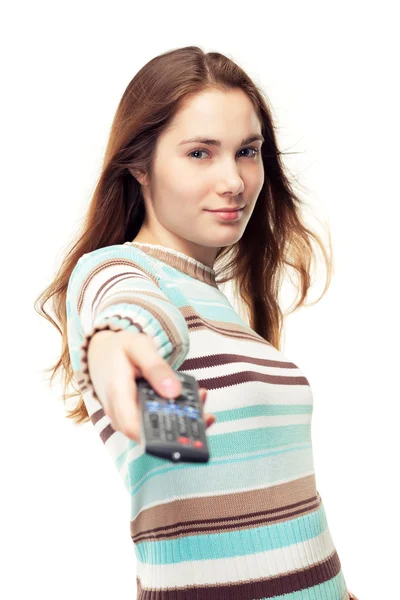 Girl using remote control — Stock Photo, Image