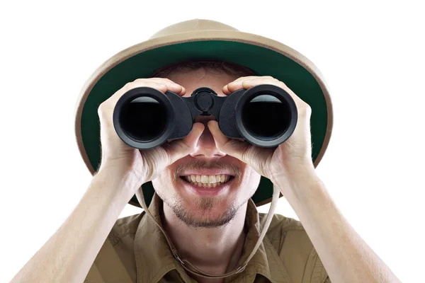 Happy explorer looking through binoculars — Stock Photo, Image