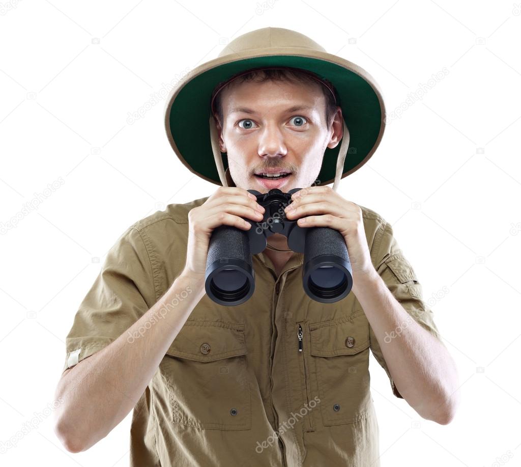 Exited explorer holding binoculars