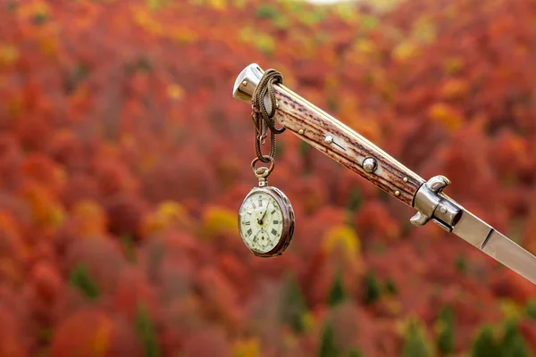 Old Watch Hanging Knife Autumn Landscape Background — Stock Photo, Image