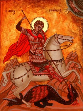 Neamt İlçesi Romanya, 08 Mart 2017. Rumen Manastırı, Neamt ilçesinden Aziz Büyük Şehit George 'un Ortodoks ikonu.