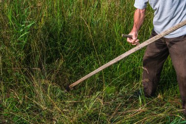 Bir adam tırpanla çimleri biçiyor.