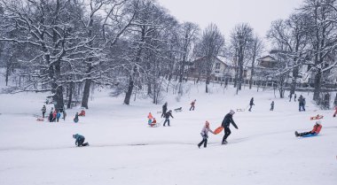 Sibiu, Romanya - 12 Ocak 2019. Kış zamanı kar üzerinde oynayan bir grup çocuk ve yetişkin.