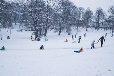 Sibiu, Romanya - 12 Ocak 2019. Kış zamanı kar üzerinde oynayan bir grup çocuk ve yetişkin.