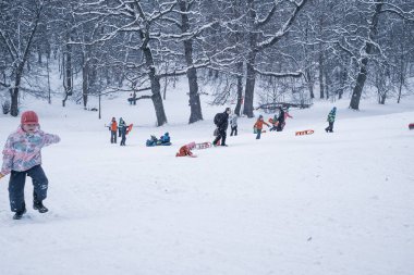 Sibiu, Romanya - 12 Ocak 2019. Kış zamanı kar üzerinde oynayan bir grup çocuk ve yetişkin.