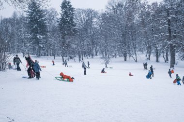Sibiu, Romanya - 12 Ocak 2019. Kış zamanı kar üzerinde oynayan bir grup çocuk ve yetişkin.