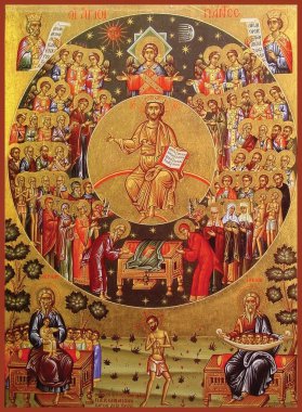 Neamt County Romanya, Mart 04 2003. All Saints 'in Pazar günü ikonu. Romanya Manastırı, Neamt ilçesinden.