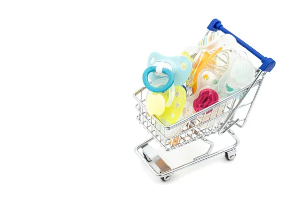 Zakupy Wykres Lub Wózek Supermarket Baby Pacifiers Białym Tle — Zdjęcie stockowe