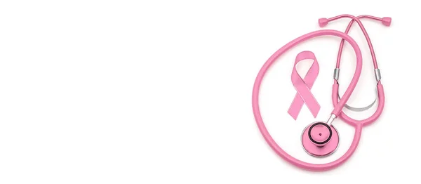 Фото Верхнего Вида Розовый Стетоскоп Розовая Шелковая Лента Символ Осведомленности — стоковое фото