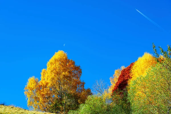autumn colors with blue sky, moon and a plane, Fantanele village area, Sibiu county, Cindrel mountains, Romania