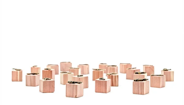 Bronze Ornamental Keys Wooden Toy Cubes White Background —  Fotos de Stock