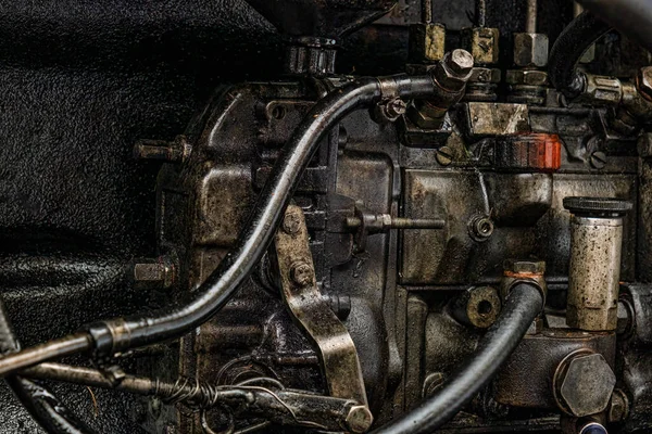 dirty diesel engine, close up view