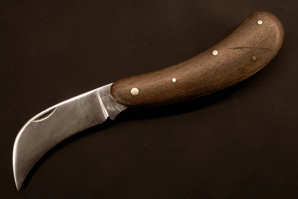 Folding Pruning Knife Curved Long Blade Vintage Paper Background — Stok fotoğraf
