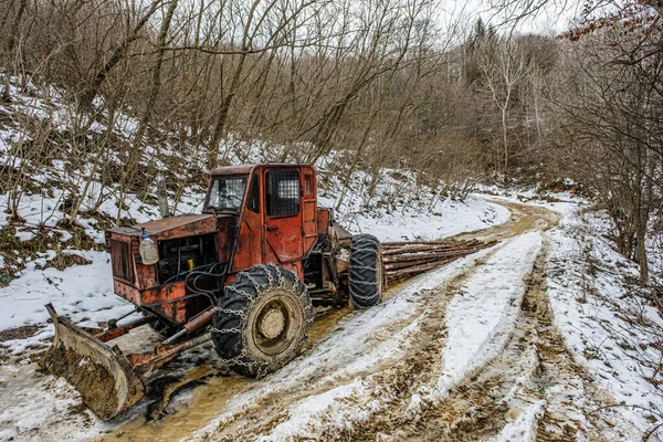 Harvester tractor snowy with wood trunks outside in forest.