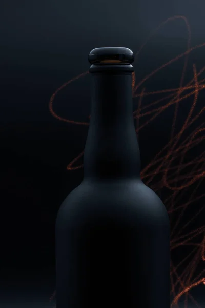 Matte Black Wine Bottle Red Laser Lines Painting Dark Background — Stock Fotó
