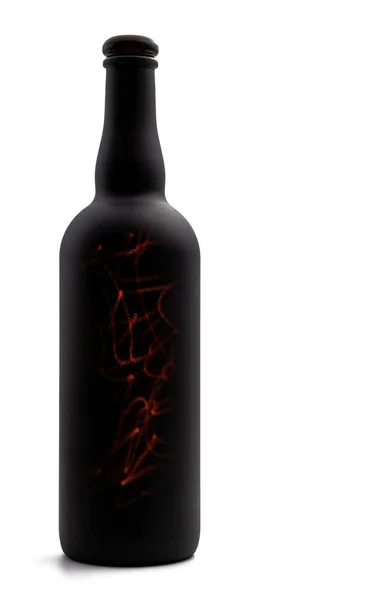 Matte Black Wine Bottle Red Laser Lines Painting White Background — Stockfoto