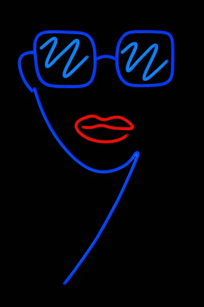 Neon Silhouette Woman Face Red Lips Glasses — Stockfoto