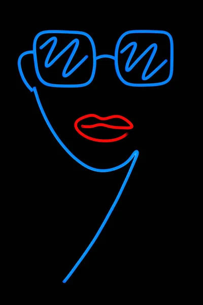 neon silhouette of woman face with red lips and glasses